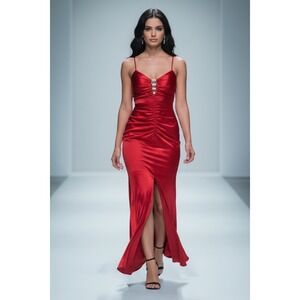 Water Signs Red Vintage Satin Ruched Gown Womens 5/6 Red Rhinestone  Open BacK
